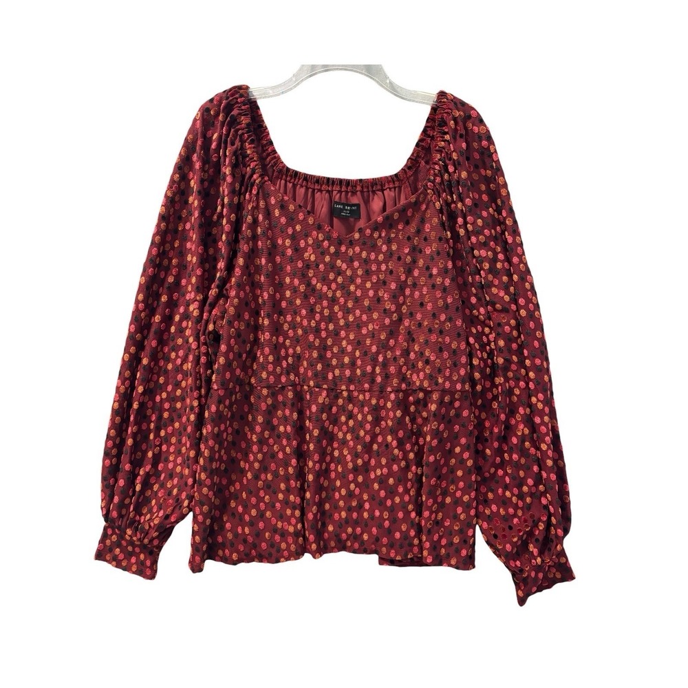 Lane Bryant Top 22 / 24 Burnt Orange Swiss Dot Peplum Blouse Balloon Sleeve